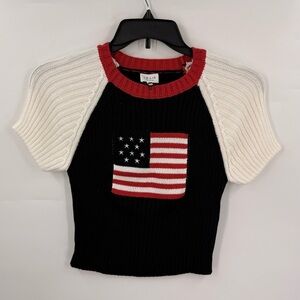 Le Lis Womens USA Flag Graphic Cropped Black Tight Knit Sweater Size Medium